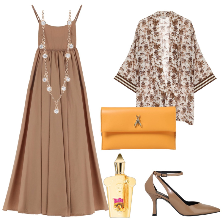 Outfit donna - Serata in abito a settembre. Stile Glamour per Serata fuori. Abbinamento con profumi, collane, cardigans, vestiti lunghi, décolleté, clutch.
