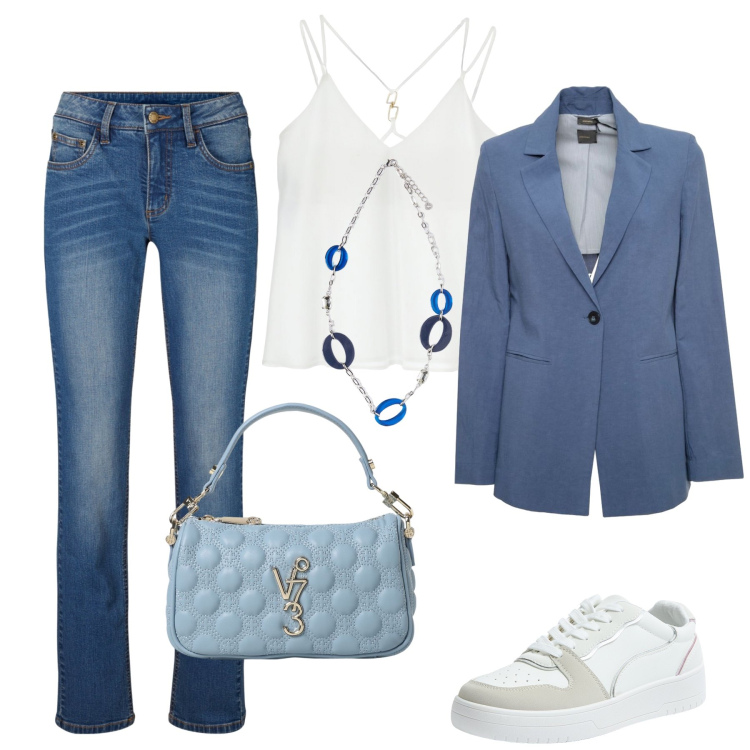 Outfit donna - Il blazer con le sneakers. Stile Chic per Serata fuori. Abbinamento con jeans dritti, sneakers, canottiere, ciondoli, blazer, borse a mano.