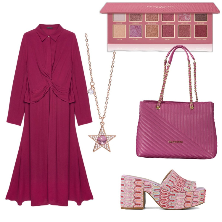 Outfit donna - Una nuance perfetta. Stile Casual chic per Tutti i giorni. Abbinamento con ombretti, collane, vestiti lunghi, sabot, borse a spalla.