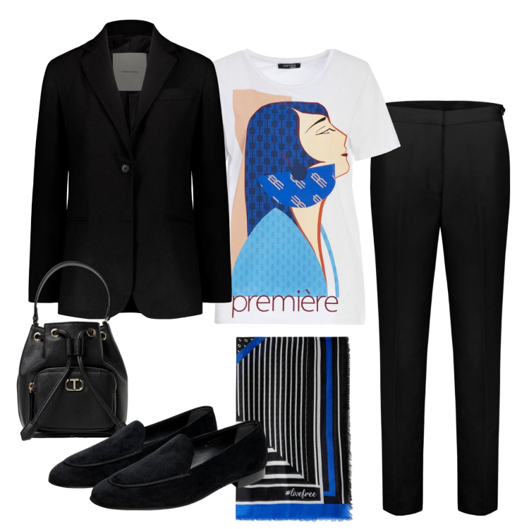 Outfit donna - Work in the office!!!. Stile Mannish per Ufficio. Abbinamento con t-shirt, pantaloni, mocassini, blazer, borse a secchiello, foulard.
