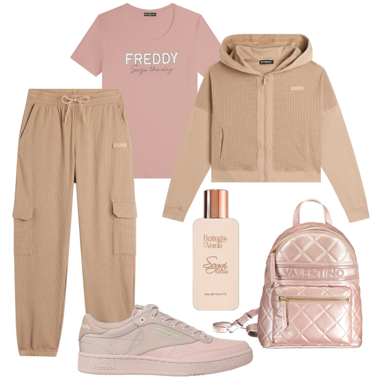 Outfit donna - Sportiva per una giornata intensa !. Stile Casual per Tutti i giorni. Abbinamento con profumi, pantaloni sportivi, felpe con cappuccio, t-shirt, sneakers, zaini.