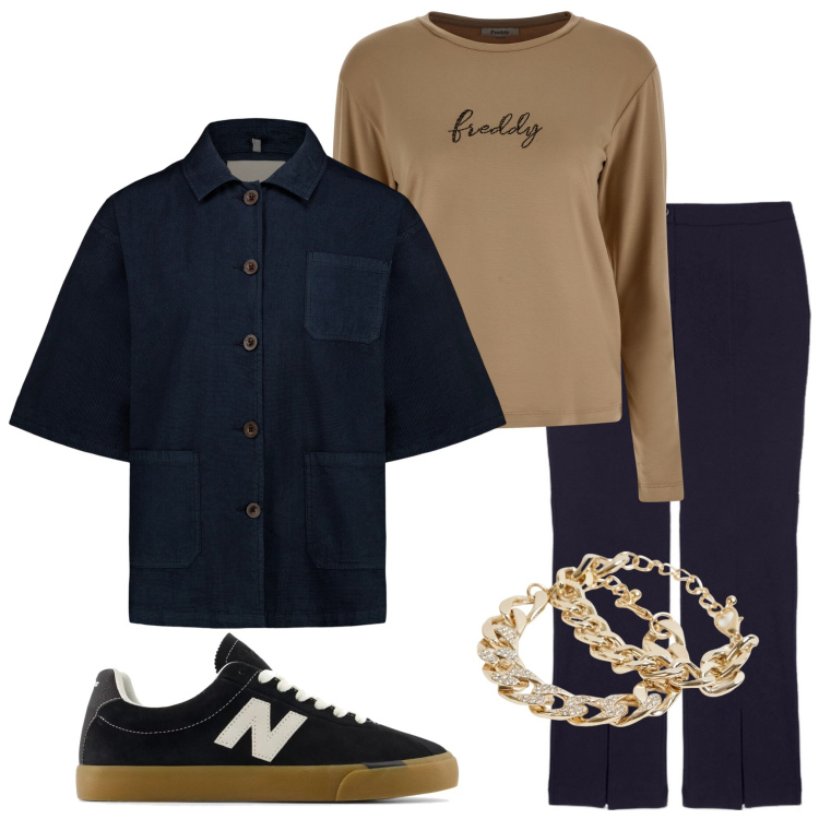 Outfit donna - Colori autunnali. Stile Urban per Tutti i giorni. Abbinamento con braccialetti, sneakers, t-shirt, blazer, pantaloni.