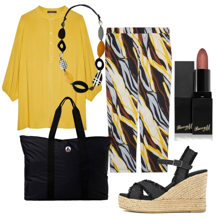 Outfit donna - Total look #1951462. Stile Boho per Ufficio. Abbinamento con rossetti, pantaloni a palazzo, bluse, sandali, borse tote, collane.