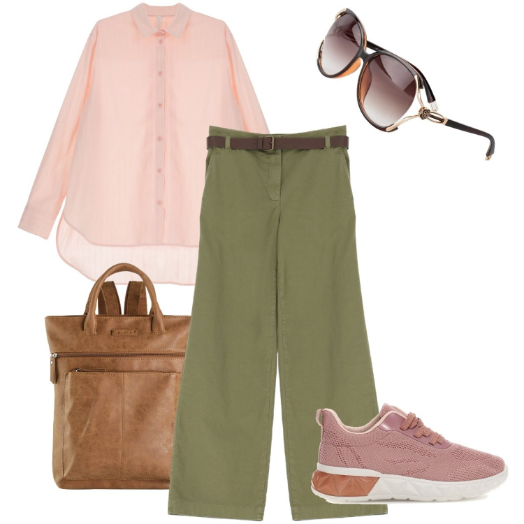 Outfit donna - Il camicione rosa. Stile Casual chic per Scuola/Università. Abbinamento con zaini, occhiali da sole, pantaloni, camicie, sneakers.