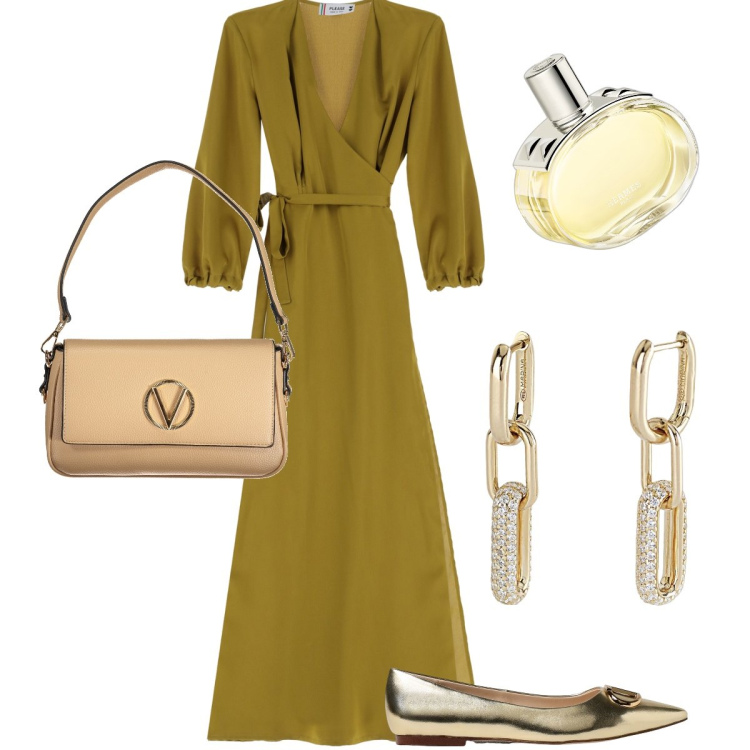 Outfit donna - Il vestito verde oliva. Stile Bon Ton per Serata fuori. Abbinamento con profumi, orecchini, vestiti lunghi, ballerine, borse a spalla.