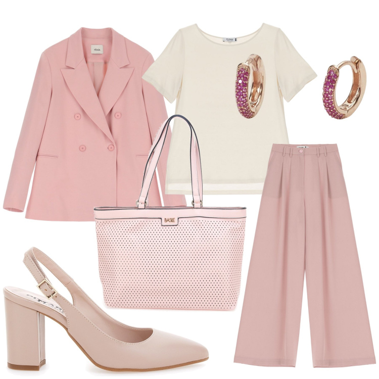 Outfit donna - Total look #1951475. Stile Bon Ton per Ufficio. Abbinamento con orecchini, pantaloni a palazzo, t-shirt, blazer, décolleté, borse a spalla.