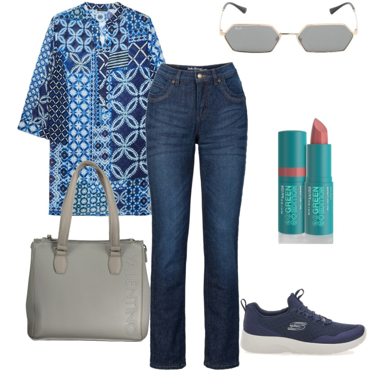 Outfit donna - La blusa stampata. Stile Casual chic per Tutti i giorni. Abbinamento con jeans dritti, rossetti, bluse, sneakers, borse a spalla, occhiali da sole.