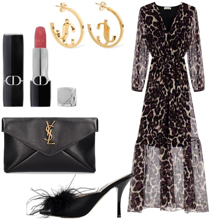Outfit donna - Glamour a settembre. Stile Glamour per Serata fuori. Abbinamento con rossetti, vestiti lunghi, pochette, sandali col tacco, orecchini.