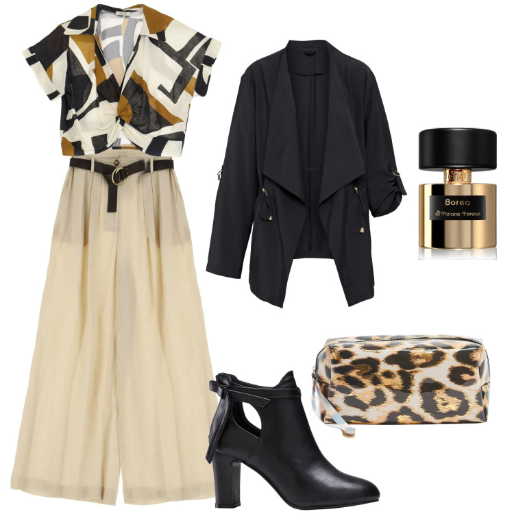 Outfit donna - Serata di fine estate. Stile Trendy per Serata fuori. Abbinamento con stivaletti, blazer, profumi, valigie, canottiere, pantaloni a palazzo.
