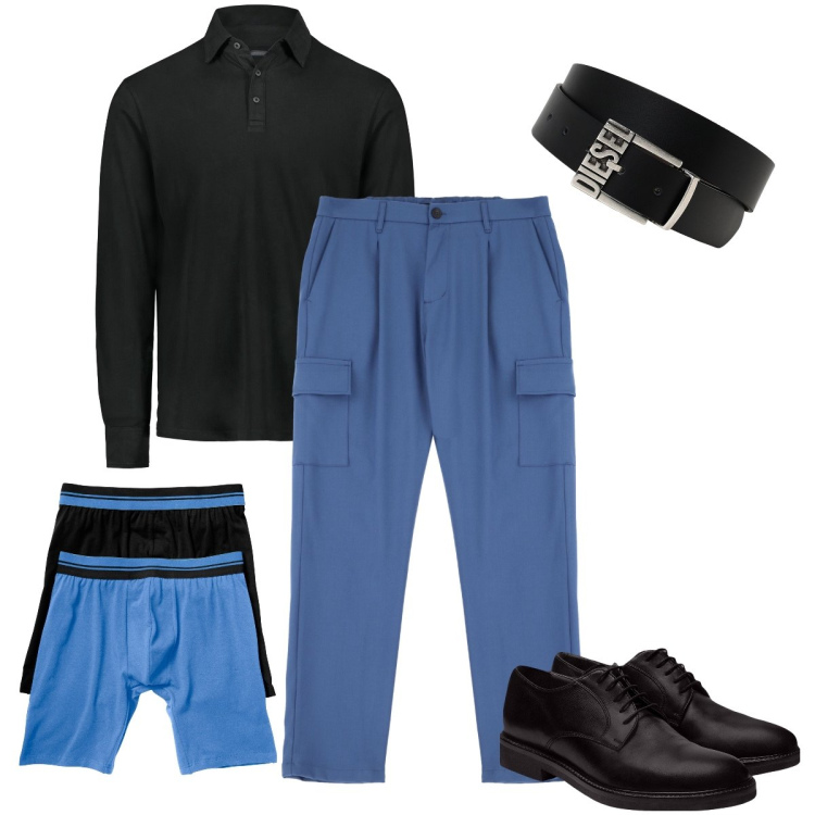 Outfit uomo - La polo nera. Stile Business/Elegante per Serata speciale. Abbinamento con boxer, pantaloni cargo, scarpe stringate, polo, cinture.