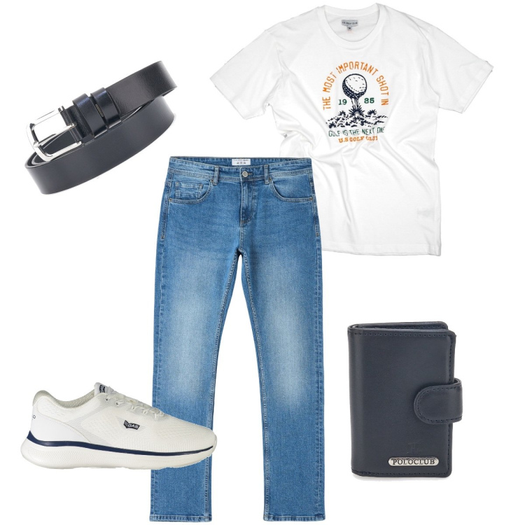 Outfit uomo - Le sneakers bianche. Stile Casual per Tutti i giorni. Abbinamento con jeans dritti, portafogli, sneakers, t-shirt, cinture.