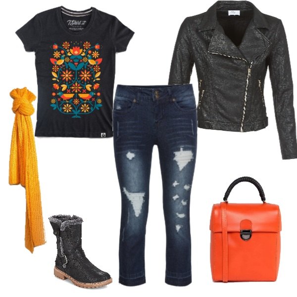 Outfit donna - Voglia di zucca. Stile Urban per Tutti i giorni. Abbinamento con borse a tracolla, giacca, stivaletti nero, maglietta, borsa a tracolla con manico e spalline con zip in denim con tasca interna, sciarpa a trecce in denim.