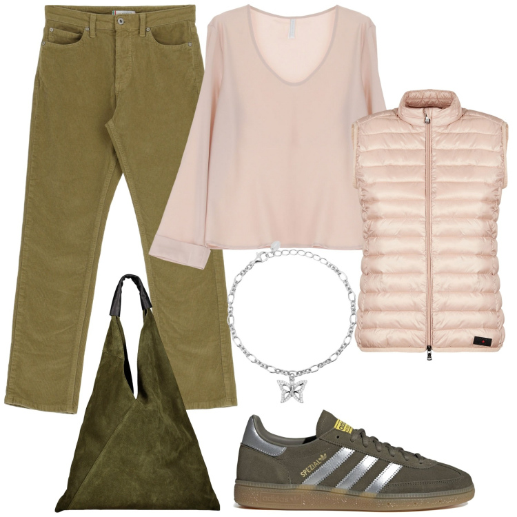 Outfit donna - Libera come una farfalla. Stile Casual per Tutti i giorni. Abbinamento con braccialetti con ciondoli, pantaloni, camicie, piumini, sneakers, borse a spalla.