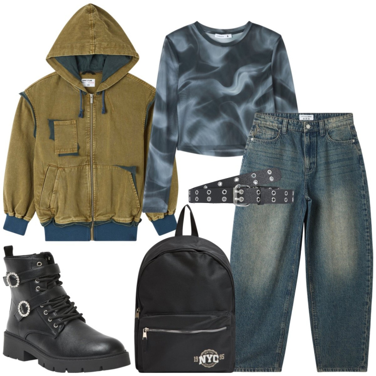 Outfit donna - Total look #1951560. Stile Urban per Scuola/Università. Abbinamento con anfibi, bomber, jeans, t-shirt, zaini, cinture.