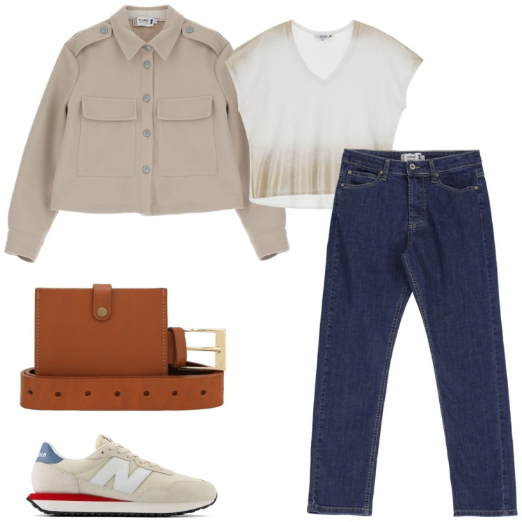 Outfit donna - Total look #1951567. Stile Sporty chic per Tutti i giorni. Abbinamento con sneakers, jeans dritti, t-shirt, blazer, cinture.