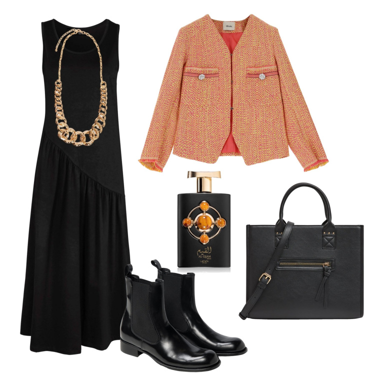 Outfit donna - Il giacchino effetto bouclé !. Stile Casual chic per Tutti i giorni. Abbinamento con vestiti asimmetrici, profumi, shopping bag, blazer, collane, stivaletti chelsea.