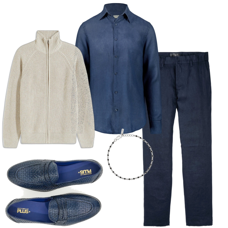 Outfit uomo - In ufficio. Stile Urban per Ufficio. Abbinamento con pantaloni, cardigans, braccialetti, camicie, scarpe stringate.