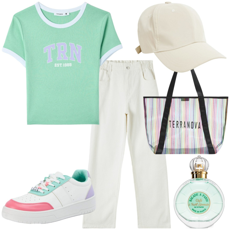 Outfit donna - Total look #1951572. Stile Casual per Tutti i giorni. Abbinamento con sneakers, shopping bag, pantaloni, cappelli, t-shirt, profumi.
