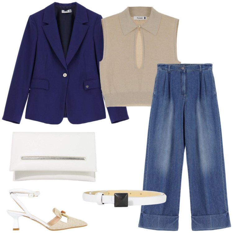Outfit donna - Total look #1951574. Stile Casual chic per Tutti i giorni. Abbinamento con jeans, blazer, maglieria, cinture, sandali col tacco, pochette.