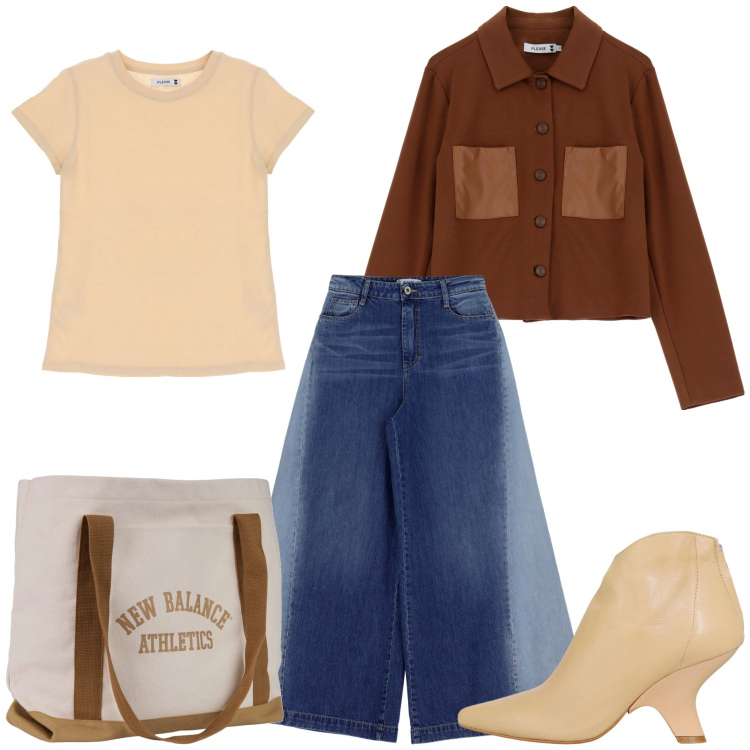 Outfit donna - Autunno con please. Stile Trendy per Tutti i giorni. Abbinamento con borse tote, jeans, blazer, t-shirt, stivaletti.