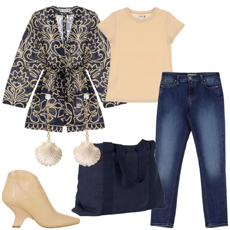 Outfit donna - Total look #1951580. Stile Casual chic per Tutti i giorni. Abbinamento con borse tote, jeans skinny, blazer, t-shirt, stivaletti, orecchini.
