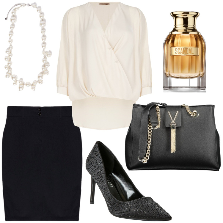 Outfit donna - Incontro di lavoro. Stile Chic per Ufficio. Abbinamento con profumi, décolleté, bluse, gonne, borse a spalla, collane.
