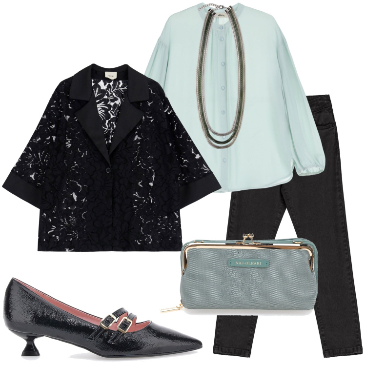 Outfit donna - A cena fuori. Stile Chic per Serata fuori. Abbinamento con pantaloni, blazer, bluse, décolleté, collane, pochette.