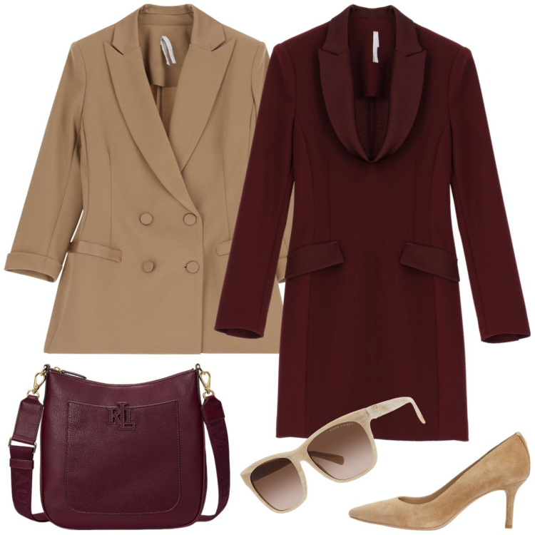 Outfit donna - Total look #1951590. Stile Chic per Ufficio. Abbinamento con vestiti corti, blazer, occhiali da sole, borse a tracolla, décolleté.