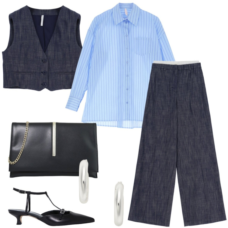 Outfit donna - Total look #1951597. Stile Mannish per Ufficio. Abbinamento con pantaloni, gilet, camicie, pochette, sandali col tacco, orecchini.