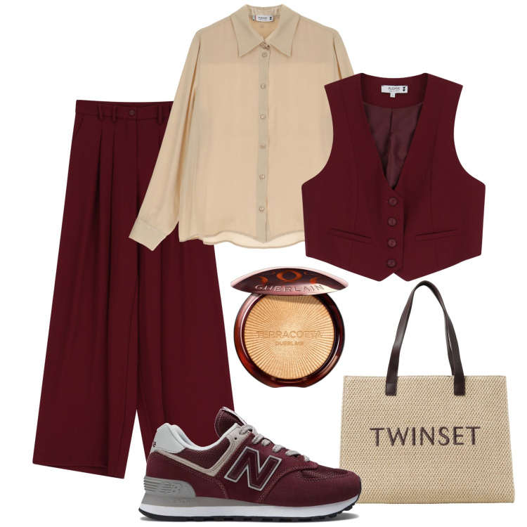 Outfit donna - Aperitivo con gli amici. Stile Casual chic per Tutti i giorni. Abbinamento con terre, sneakers, pantaloni, gilet, camicie, borse tote.
