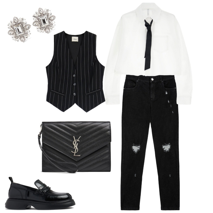 Outfit donna - Fusion. Stile Mannish per Ufficio. Abbinamento con camicie, jeans skinny, gilet, pochette, mocassini, orecchini.