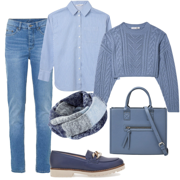 Outfit donna - Quotidianità in blu e azzurro. Stile Casual per Tutti i giorni. Abbinamento con foulard, jeans skinny, maglieria, camicie, shopping bag, mocassini.