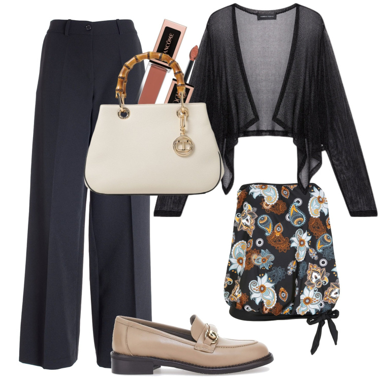 Outfit donna - Total look #1951620. Stile Casual per Ufficio. Abbinamento con top, ombretti, pantaloni a palazzo, cardigans, borse a mano, mocassini.