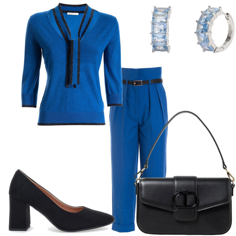 Outfit donna - Nero azzurro. Stile Glamour per Serata fuori. Abbinamento con orecchini, maglieria, pantaloni, décolleté, borse a spalla.