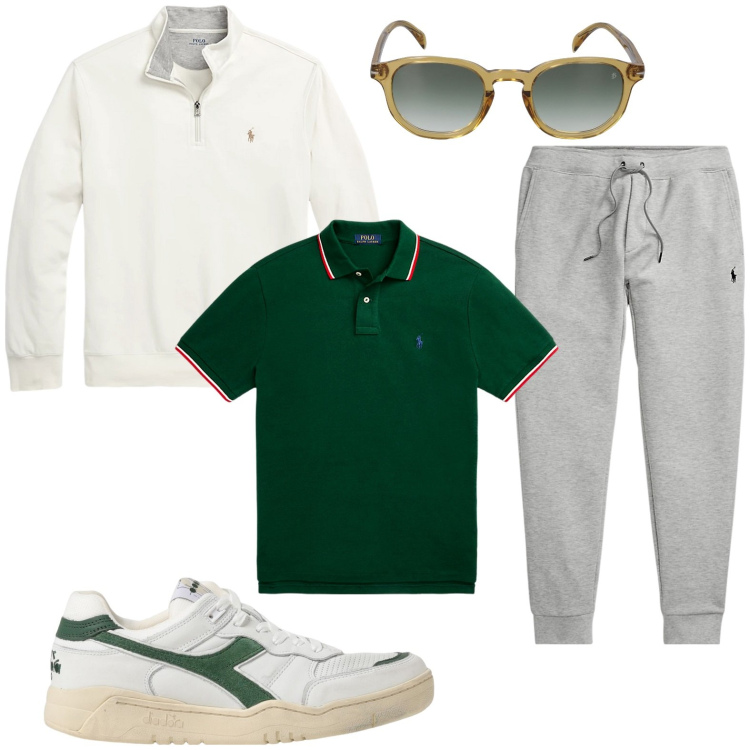 Outfit uomo - Tempo libero. Stile Urban per Tutti i giorni. Abbinamento con pullovers, pantaloni, polo, occhiali da sole, sneakers.