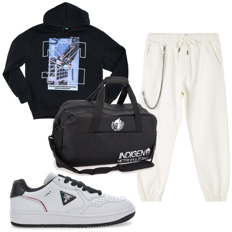 Outfit uomo - Total look #1951654. Stile Trendy per Sport. Abbinamento con pantaloni sportivi, borse sportive, felpe con cappuccio, sneakers.