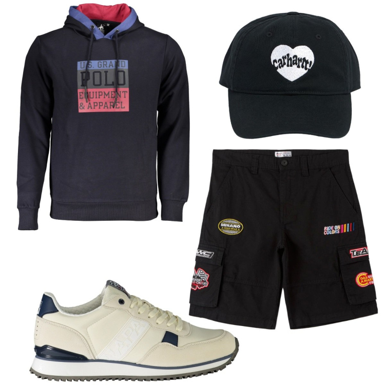 Outfit uomo - Total look #1951667. Stile Trendy per Sport. Abbinamento con bermuda, felpe con cappuccio, sneakers, cappelli.