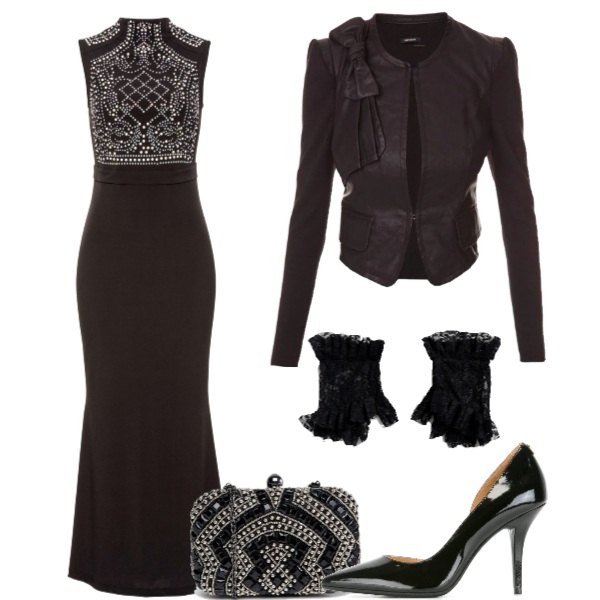 Outfit donna - Lungo Halloween. Stile Chic per Serata fuori. Abbinamento con vestito lungo, scarpe col tacco pumps nero, giacca a maniche lunghe nero, guanti con pizzo in denim con volant, pochette con perline e punta quadrata nero.