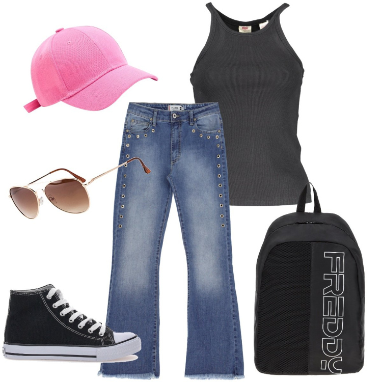 Outfit donna - Le sneakers alte. Stile Urban per Scuola/Università. Abbinamento con occhiali da sole, cappelli, jeans, zaini, sneakers, camicie.