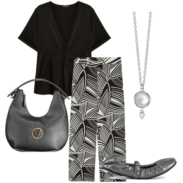 Outfit donna - Fantasia geometrica. Stile Bon Ton per Serata fuori. Abbinamento con collane, ballerine, bluse, pantaloni a palazzo, borse a spalla.
