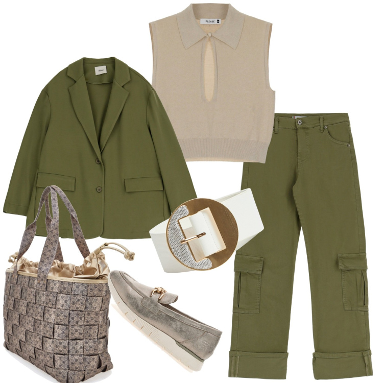 Outfit donna - Total look #1951791. Stile Casual chic per Ufficio. Abbinamento con cinture, pantaloni cargo, maglieria, blazer, mocassini, borse a spalla.