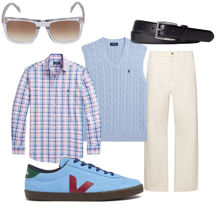 Outfit uomo - Il gilè a trecce. Stile Trendy per Ufficio. Abbinamento con cinture, maglieria, camicie, pantaloni, occhiali da sole, sneakers.