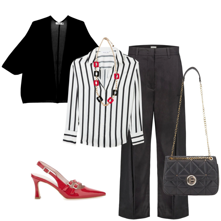 Outfit donna - Righe e rouge. Stile Casual chic per Ufficio. Abbinamento con camicie, cardigans, pantaloni, décolleté, ciondoli, borse a tracolla.