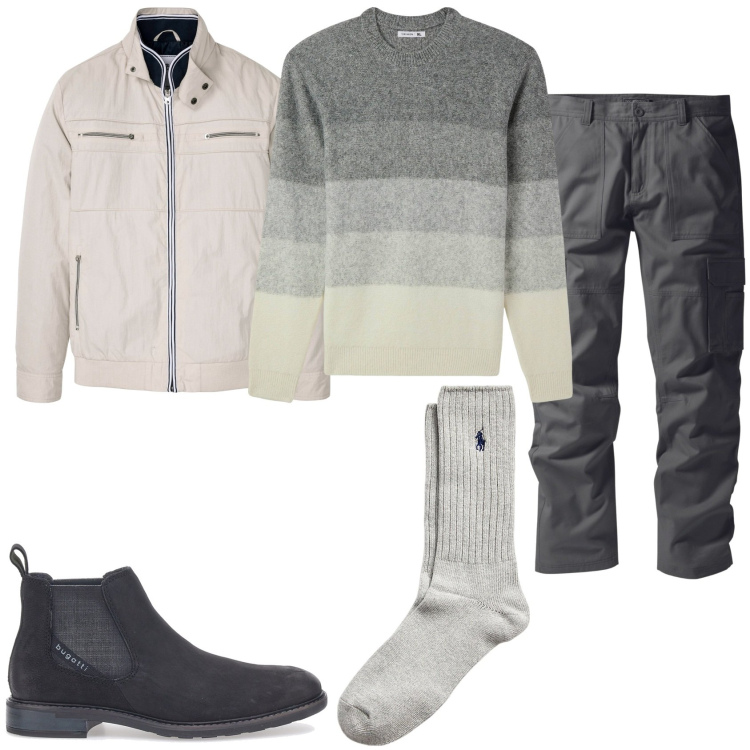 Outfit uomo - Freddo in grigio. Stile Urban per Tutti i giorni. Abbinamento con pantaloni cargo, giacche, maglieria, calzini, stivali e stivaletti.