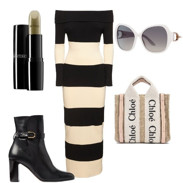 Outfit donna - Trend d\'autunno le righe. Stile Chic per Serata fuori. Abbinamento con correttori, occhiali da sole, stivaletti, vestiti lunghi, borse a mano.