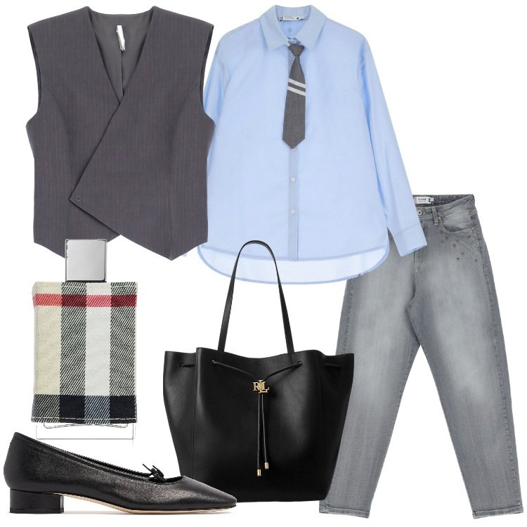 Outfit donna - Speciale Business Woman. Stile Mannish per Ufficio. Abbinamento con profumi, camicie, jeans, gilet, borse tote, ballerine.