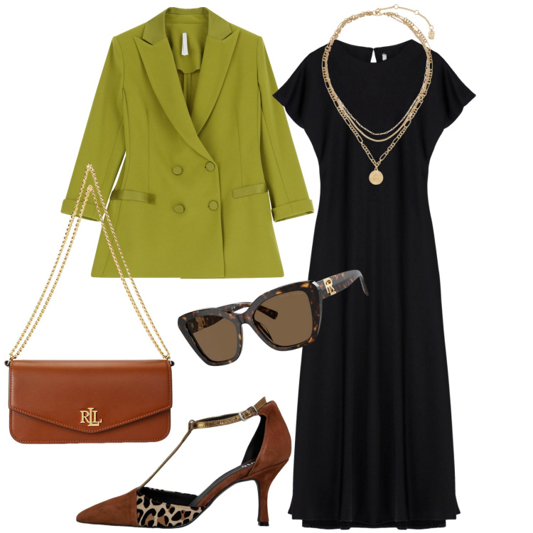 Outfit donna - Total look #1951824. Stile Chic per Ufficio. Abbinamento con vestiti lunghi, blazer, décolleté, ciondoli, occhiali da sole, borse a spalla.