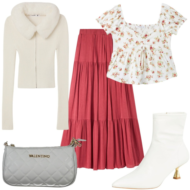 Outfit donna - Riunione nel mio ufficio. Stile Romantica per Ufficio. Abbinamento con cardigans, gonne lunghe, bluse, stivaletti, borse a spalla.