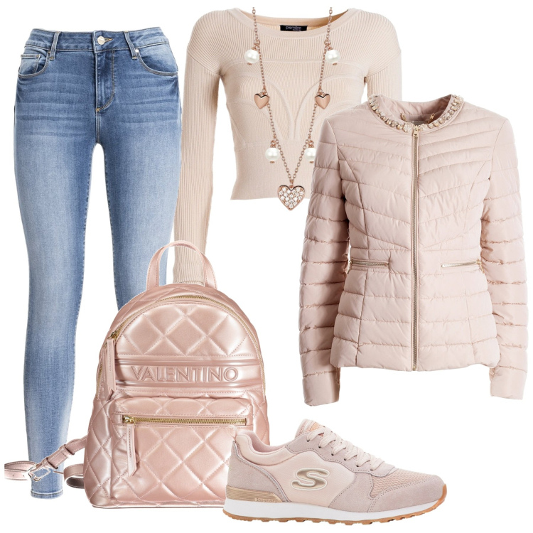 Outfit donna - Total look #1951845. Stile Romantica per Scuola/Università. Abbinamento con sneakers, collane, piumini, jeans, maglieria, zaini.