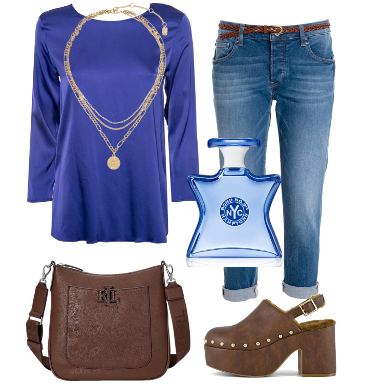 Outfit donna - Blusa. Stile Casual chic per Tutti i giorni. Abbinamento con profumi, jeans boyfriend, borse a tracolla, ciondoli, sabot, bluse.